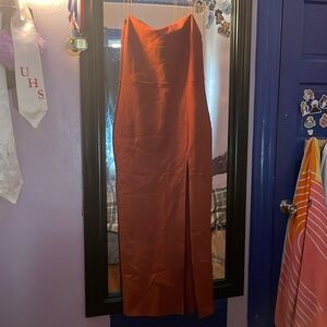 Skinny strap orange slit maxi dress